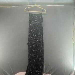 SCALA Black Sequin Spaghetti Strap Maxi Dress Backless Evening Gown